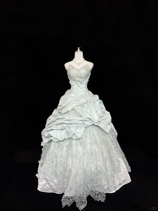 Glamorous Spaghetti Straps V Neck Lace Satin Pleated Floral Quinceanera Dress Sweet 16 Dress SP2219
