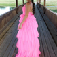 Fashion Open Back Layered Pink Long Prom Dresses, Pink Formal Graduation Evening Dresses Y4954