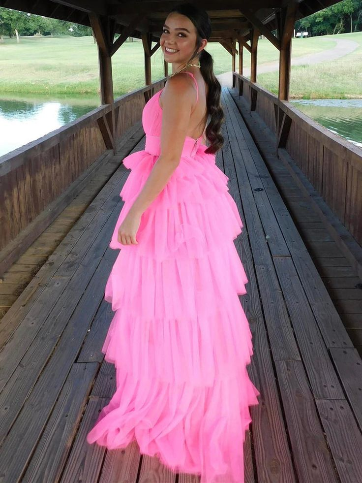 Fashion Open Back Layered Pink Long Prom Dresses, Pink Formal Graduation Evening Dresses Y4954