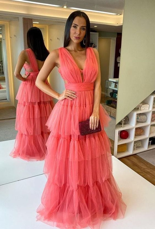 Tulle V Neck Long Prom Dress Backless Rustic Evening Dress Y5448