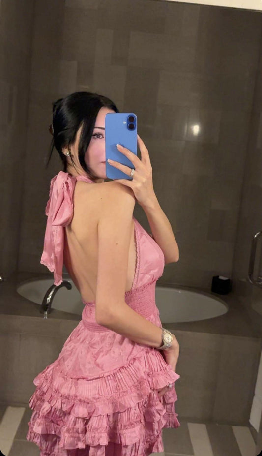 Sexy V Neck Halter Mini Cocktail Dress,Pink Backless Satin A Line Short Graduation Homecoming Dress SP2473