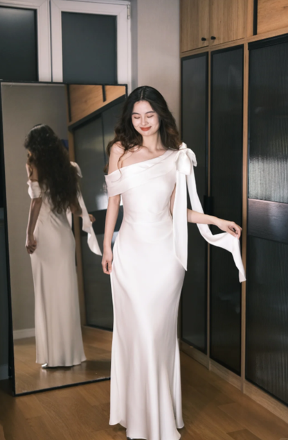 Stylish Off The Shoulder White Satin Mermaid Long Party Dress Formal Wedding Guest Dress SP2100
