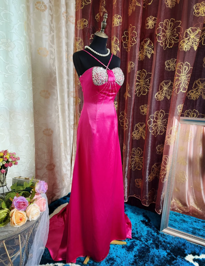 Sexy Hot Pink Satin Beaded Mermaid Party Dress Long Wedding Guest Dress SP1957