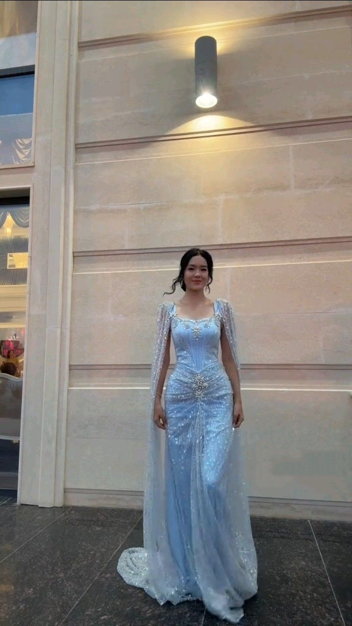 Elegant Blue Satin Tulle Sequin Beaded Long Party Dress Birthday Prom Dresses SP3996