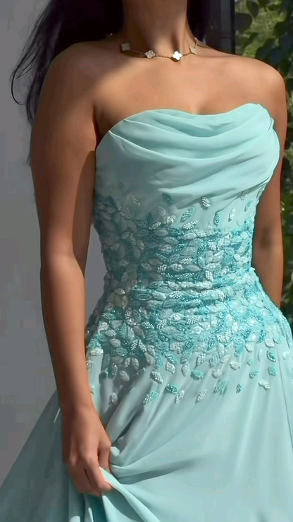 Elegant Strapless Mint Green Chiffon Beaded Slit Long Party Dress Prom Gowns SP4272