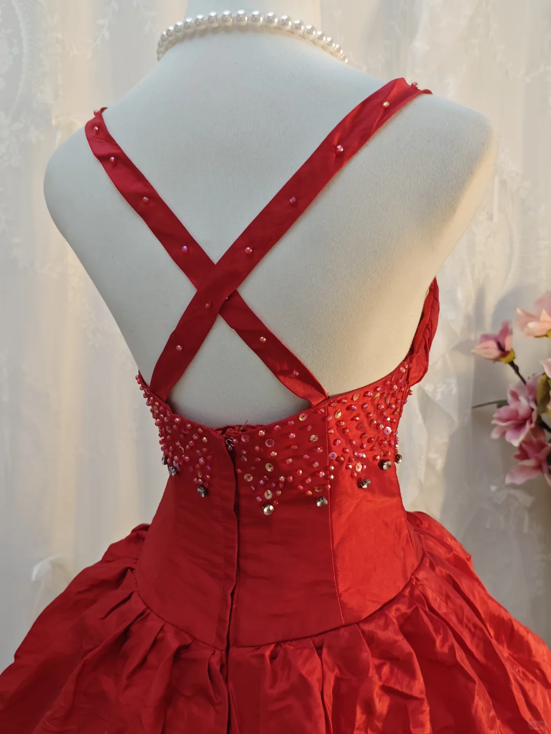 Vintage Spaghetti Straps Satin layered Beaded A Line Cocktail Dress,Red Short 7th Grade Homecoming Dress SP2708