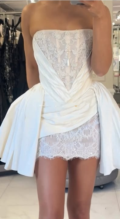 Fairy Strapless White Lace Satin A Line Short 17th Birthday Outfits Homecoming Dress SP3035