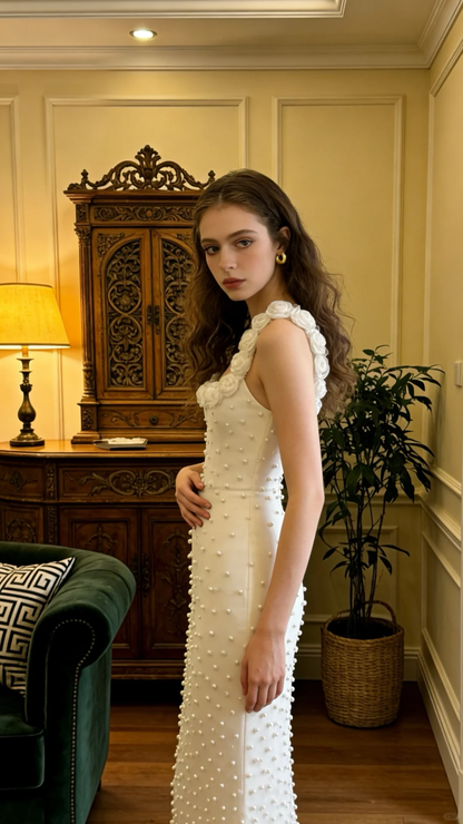 Glamorous Spaghetti Straps Tulle Pearls Beaded Mermaid Long Prom Dress White Birthday Party Gown SP2060