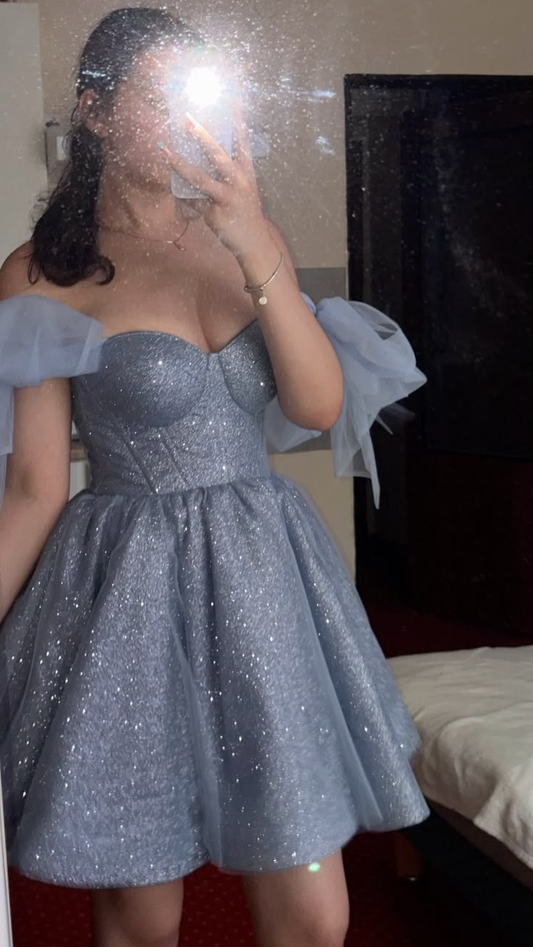 Glitter Sequin A Line Short 6th Grade Homecoming Dress.Blue Mini Prom Gown SP2852