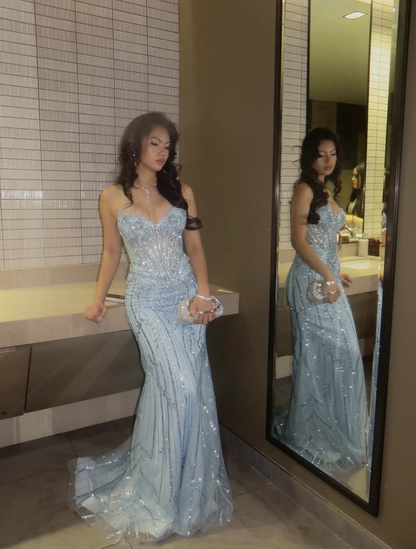 Elegant Blue Tulle Beaded Mermaid Long Party Dress Strapless Long Wedding Guest Dress SP3726