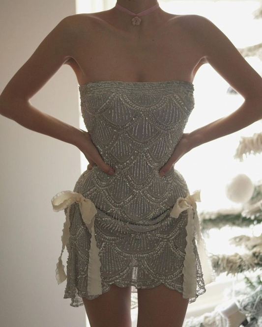 Vintage Silver Strapless Sequin Beaded Sheath Cocktail Dress Homecoming Dress Y8950