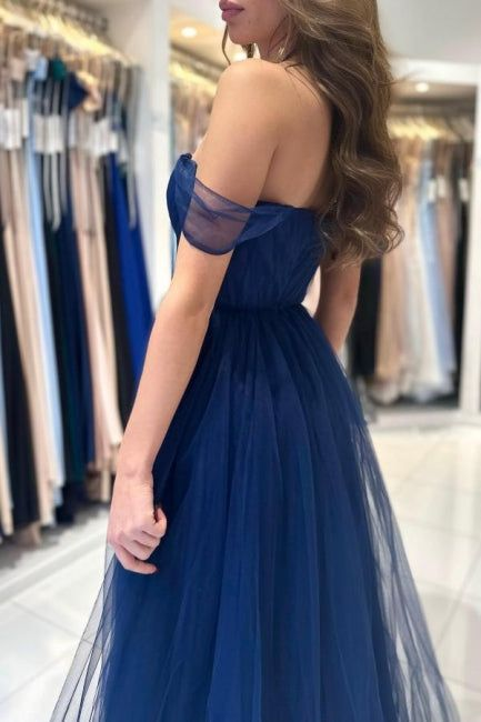 Elegant Long Navy Blue Off-the-shoulder A-line Sleeveless Prom Dress Y6767