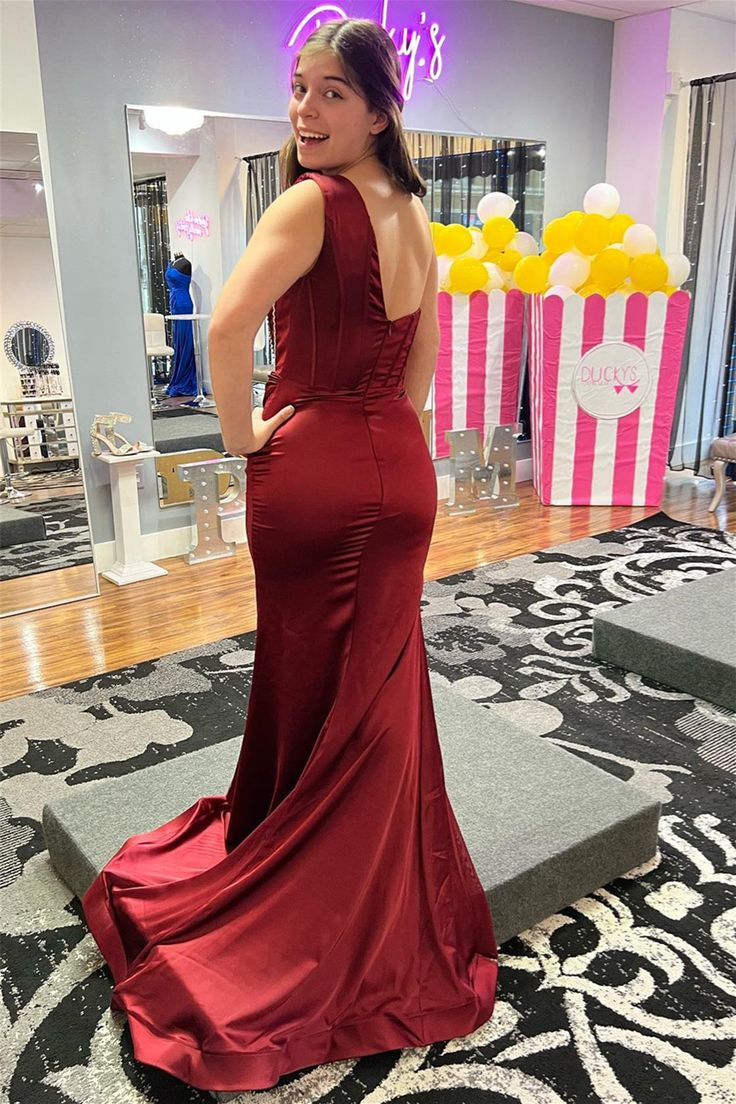 Burgundy One Shoulder Boning Beaded Satin Long Prom Dress with Slit Y5720