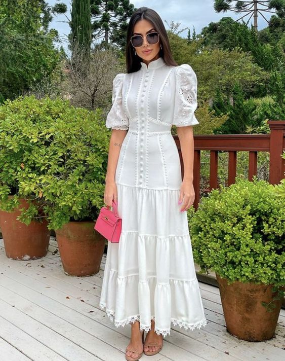 Women Stand Collar Short Puff Sleeve High Waist Patchwork Lace Long Dresses,White Prom Dress Y5478