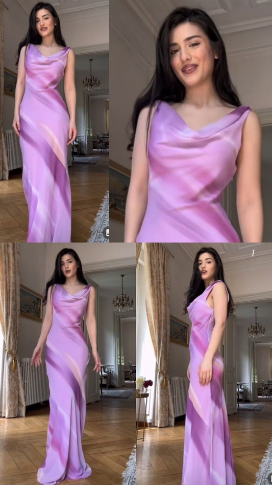 Classy Lavender Satin Long Birthday Party Dress Formal Evening Dress SP212