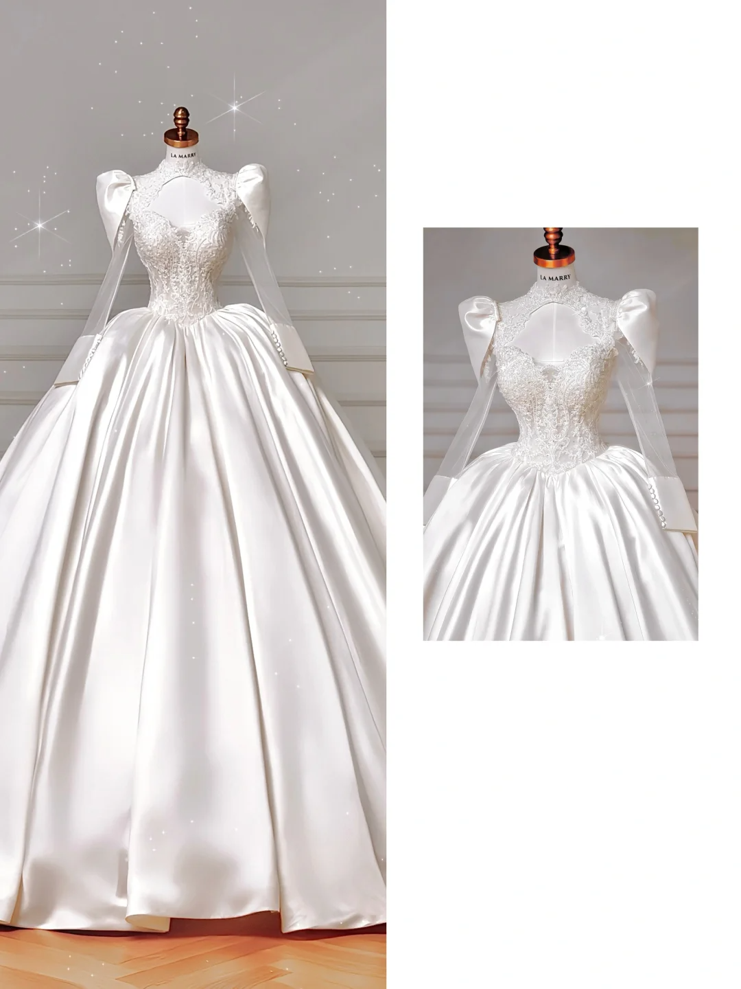 Gorgeous White Satin Lace Appliques Long Wedding Dress Y8607