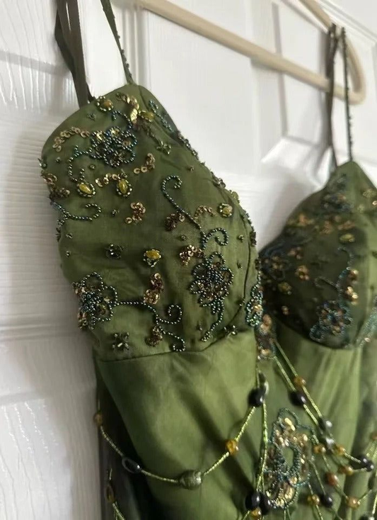 Vintage Spaghetti Straps Green Chiffon Beaded Mermaid Slit Long Prom Dress Birthday Evening Gown SP1811