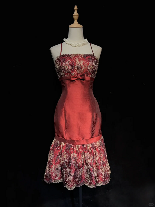 Vintage Spaghetti Straps Satin Lace Short Prom Dress,Red A Line Short 7th Grade Homecoming Dress SP2897