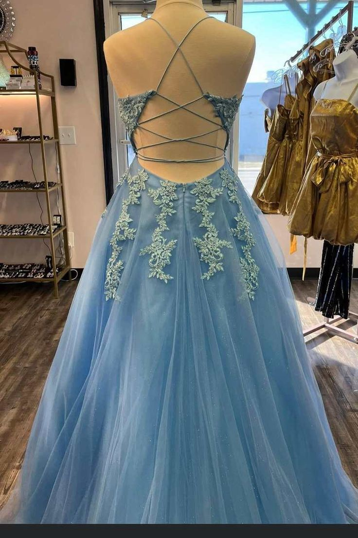 Blue Tulle Appliques Lace-Up Back A-Line Prom Dress Y6584