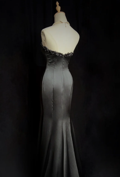 Fashion Sweetheart Neck Black Satin Beaded Mermaid Long Evening Dress Formal Wedding Guest Dress SP1959