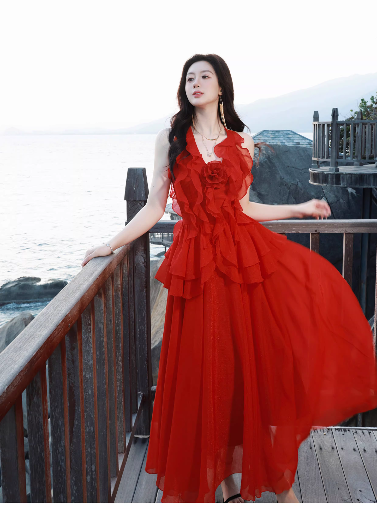 Sexy Red Halter Chiffon Ruffles Long Party Dress Prom Dress SP1973