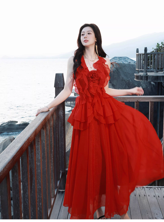 Sexy Red Halter Chiffon Ruffles Long Party Dress Prom Dress SP1973