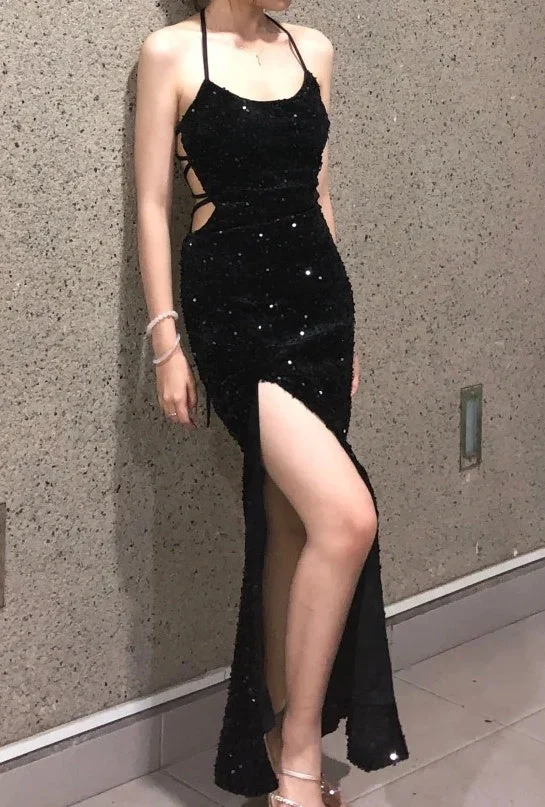 Sexy Black Spaghetti Straps Sequins Backless Mermaid Slit Long Prom Dress Party Dress SP3876