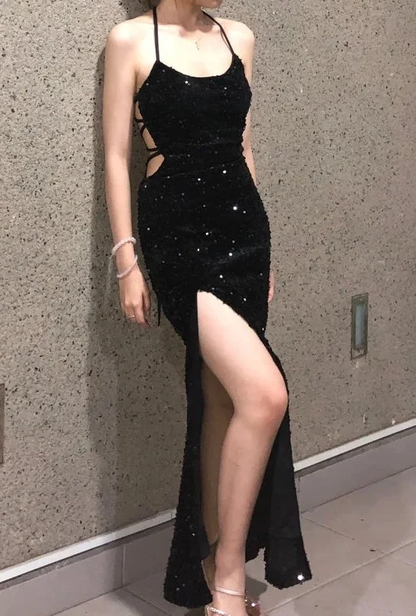 Sexy Black Spaghetti Straps Sequins Backless Mermaid Slit Long Prom Dress Party Dress SP3876