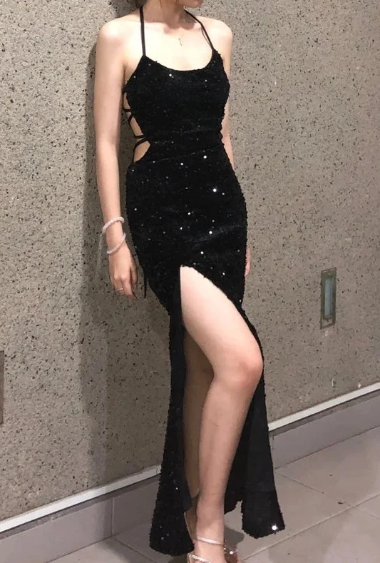 Sexy Black Spaghetti Straps Sequins Backless Mermaid Slit Long Prom Dress Party Dress SP3876