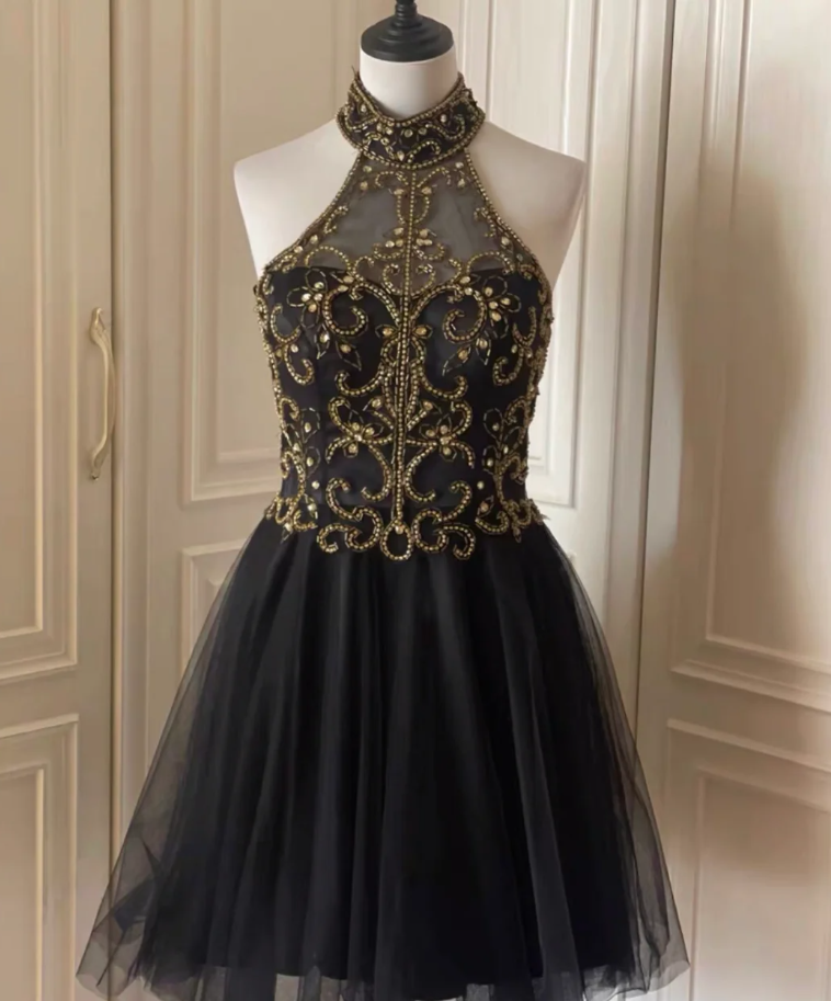 Fashion Halter Black Tulle Beaded A Line Cocktail Dress Formal Homecoming Dress Y9052