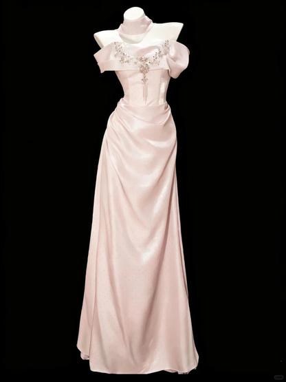 Elegant Pink Satin Beaded Mermaid Long Party Dress Birthday Prom Dress SP2537