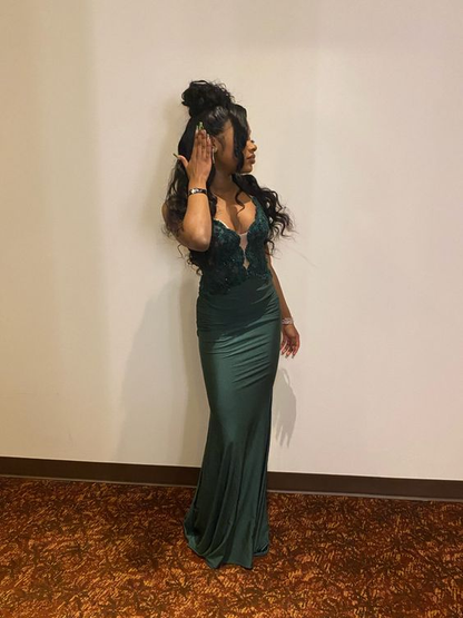 Green V Neck Mermaid Evening Dress,Green Evening Gown Y6288