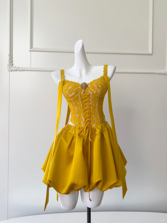 Cute Yellow Lace Satin A Line Short Party Dress Homecoming  Dress Y8977
