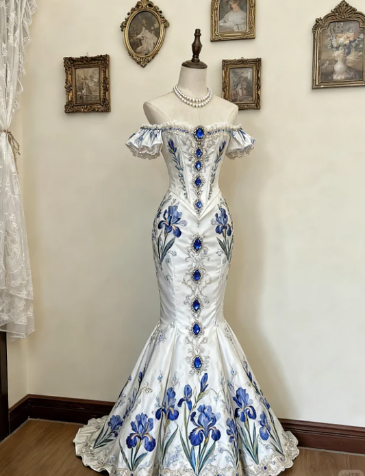 Gorgeous Off The Shoulder White Satin Beaded Floral Mermaid Evening Dress Long Prom Gown SP316