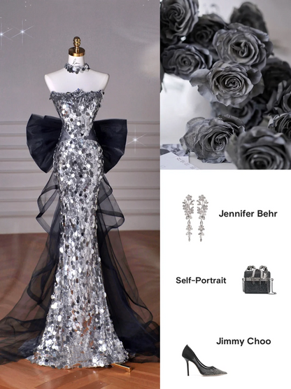 Black Glitter Sequins Tulle Mermaid Prom Dress,Strapless Evening Dress With Bow Y8615