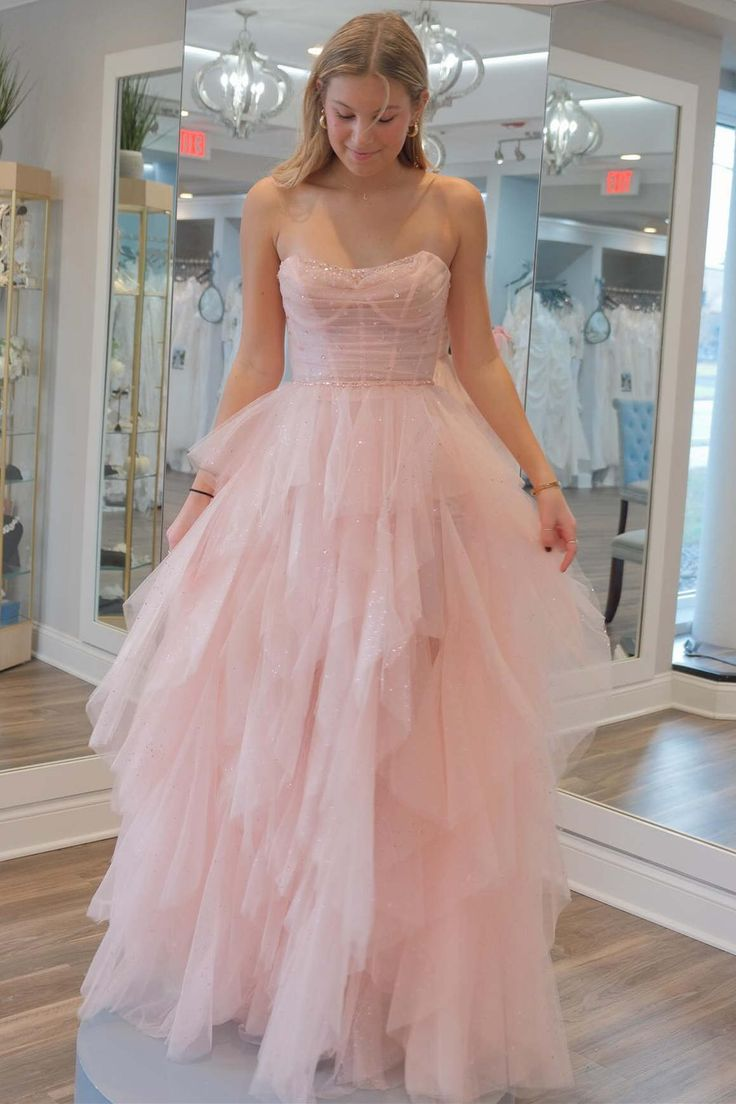 Strapless Sequin Beaded Ruffle Tulle Prom Dress Y7003