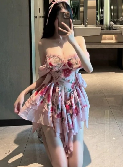 Pretty Pink Chiffon Printed Floral Off The Shoulder Short 18th Birthday Outfits Homecoming Dress Y9844