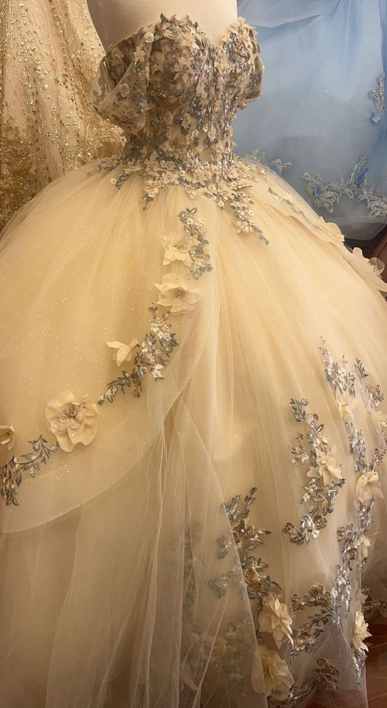 Champagne quince dress with flowers forest sweet 16 dress off the shoulder ball gown Y3026