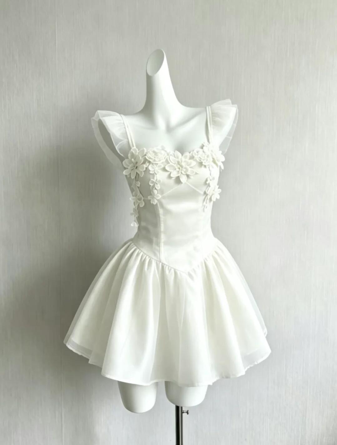 Cute White Satin Tulle Appliques A Line Short Birthday Dress Formal Graduation Homecoming Dress SP2515