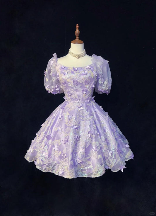 Charming Lavender Tulle Sequin Butterflies A Line Short Graduation Homecoming Dress,Short 16th Birthday Outfits SP2920