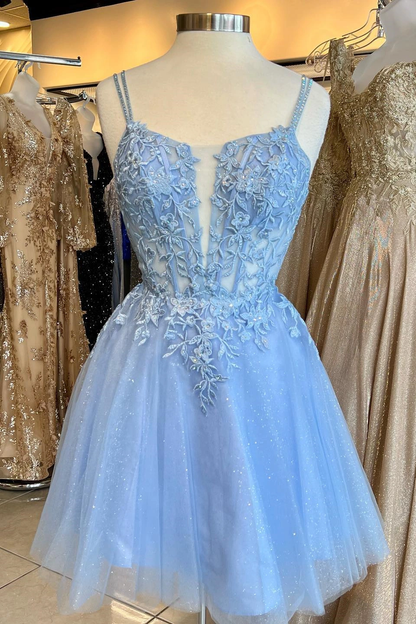 Straps Blue Appliques A-line Short Homecoming Dress Y2765