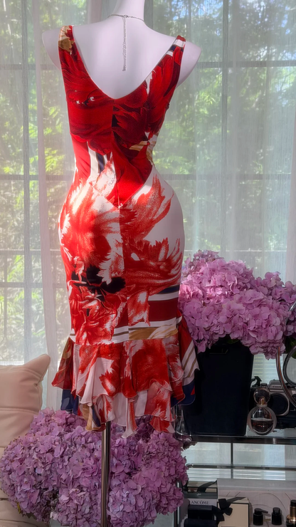 Vintage Red Chiffon Print Floral Sheath Short Homecoming Dress Cocktail Dress SP3797