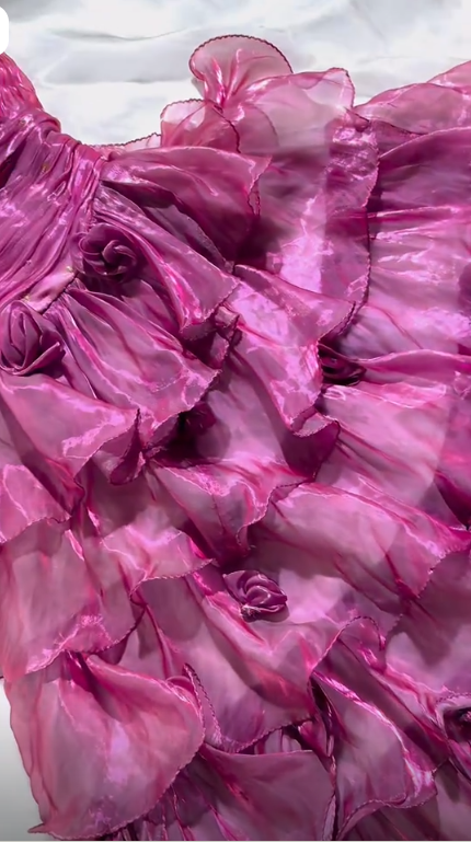 Glamorous Strapless Tulle Beaded Ruffle Layered Long Party Dress Fuchsia Long Evening Dress SP3739