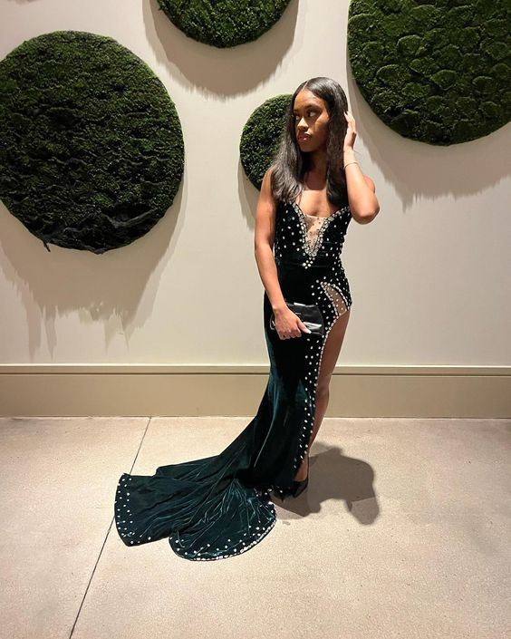 Green Velvet Prom Dress African Mermaid Evening Dress With Slit Y6480