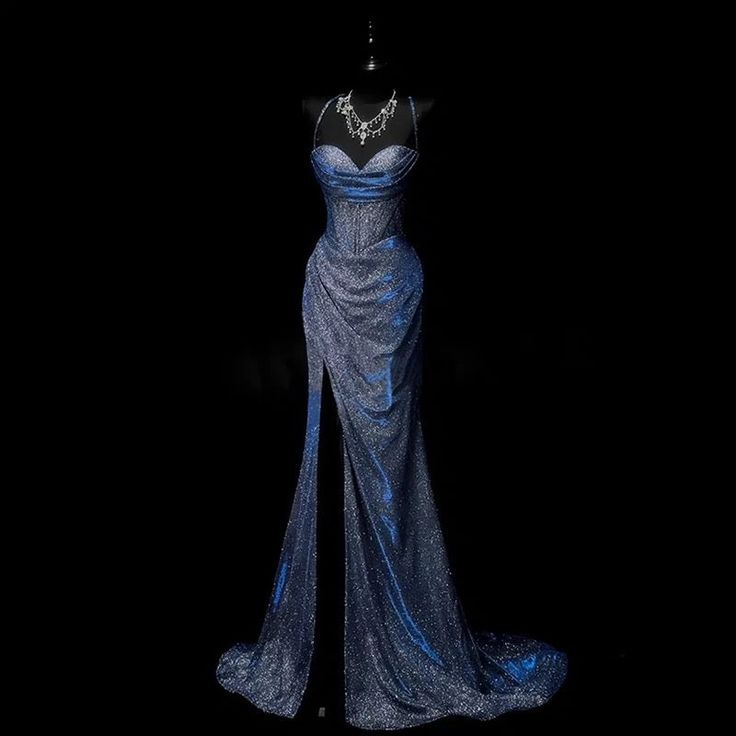 Classy Mermaid Spaghetti Straps Navy Blue Satin Long Evening Dress Prom Dress  Y8768