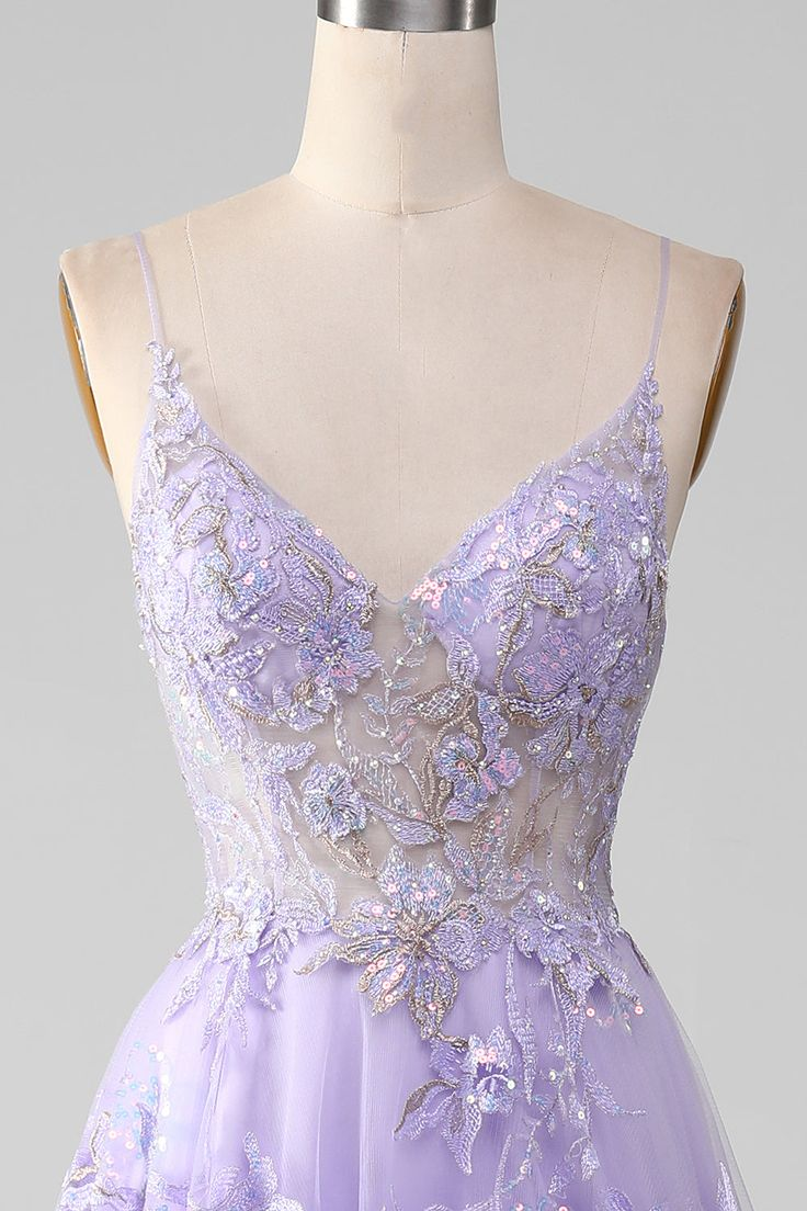 Women Sequins Purple Prom Dress with Embroidery A-Line Tulle Spaghetti Straps Party Dress Y7023