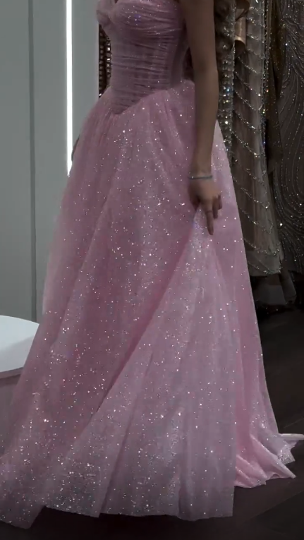Shiny Sweetheart Neck Tulle Sequin A Line Long Wedding Guest Dress Pink Long Party Dress SP3742