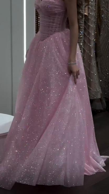 Shiny Sweetheart Neck Tulle Sequin A Line Long Wedding Guest Dress Pink Long Party Dress SP3742