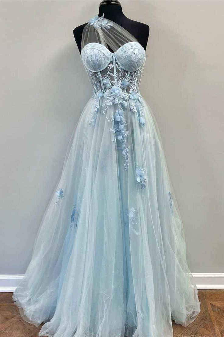 Light Blue One Shoulder Long Prom Dress Y6192