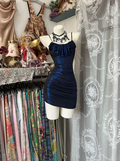 Pretty Spaghetti Straps Navy Blue Homecoming Dress Sheath Short Cocktail Dress Birthday Outfits Y9004